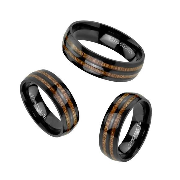 Double Wood Inlay Center Black IP Stainless Steel Ring 7mm width size 11 - Picture 1 of 3